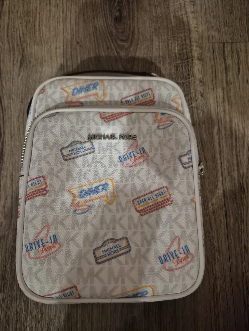 Michael Kors White Logo-Print Mini Backpack with Multicolor Diner Icons
